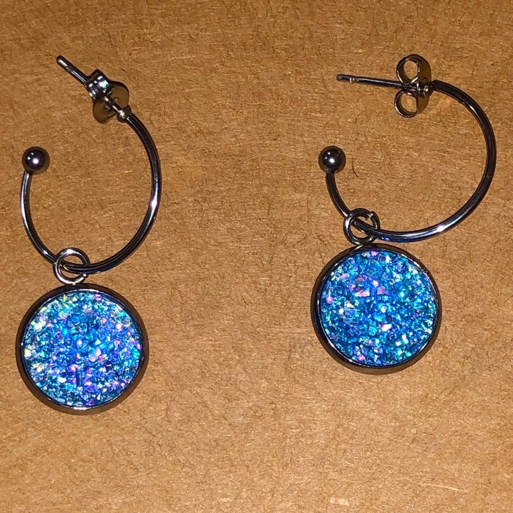 Mesmerizing Blue Glitter Charm Silver Hoop Earrings